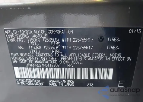 2015 Toyota Rav4 Xle from USA, damaged, VIN JTMRFREV4FD117709